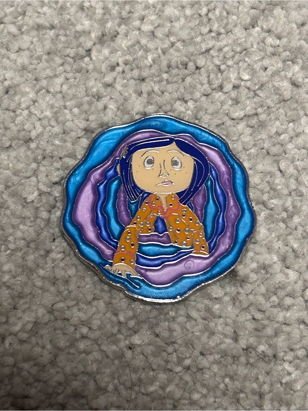 Coraline pin! Colorful Enamel Character Pin – Blue, Purple, Orange